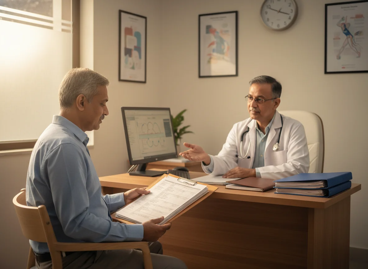 An Indian patient respectfully discussing medical reports with a doctor in a calm hospital consultation room, both showing open and cooperative body language.