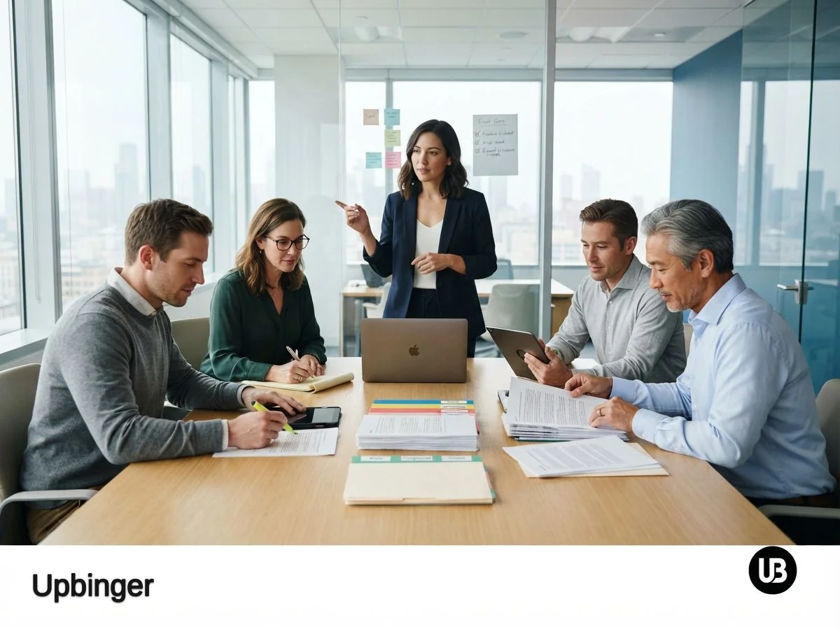 Marketing and legal professionals in a bright conference room collaboratively reviewing printed content and policies around a laptop, symbolizing governance of AI-driven SEO content at scale.