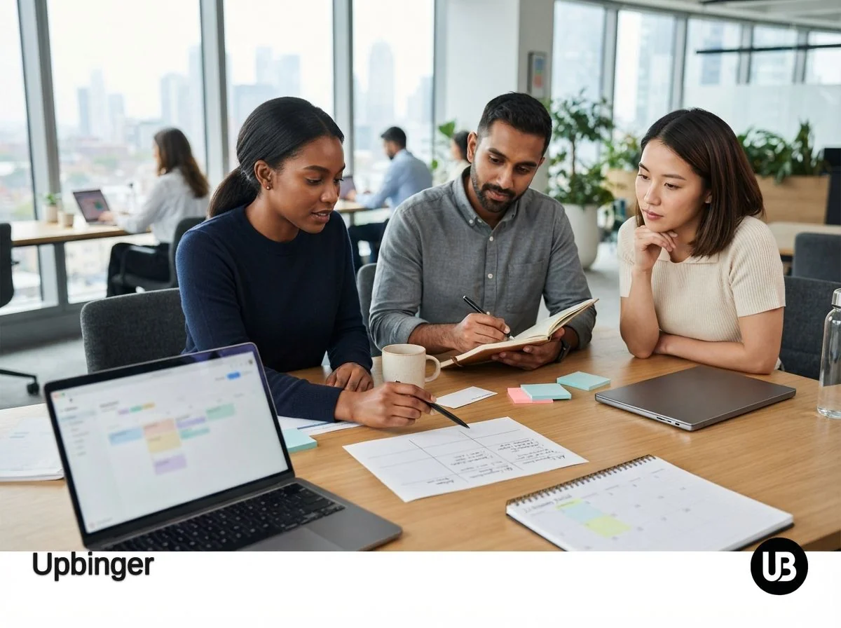 Marketing team collaboratively evaluating AI content platforms over a two-week trial, using comparison notes and a calendar in a bright modern office