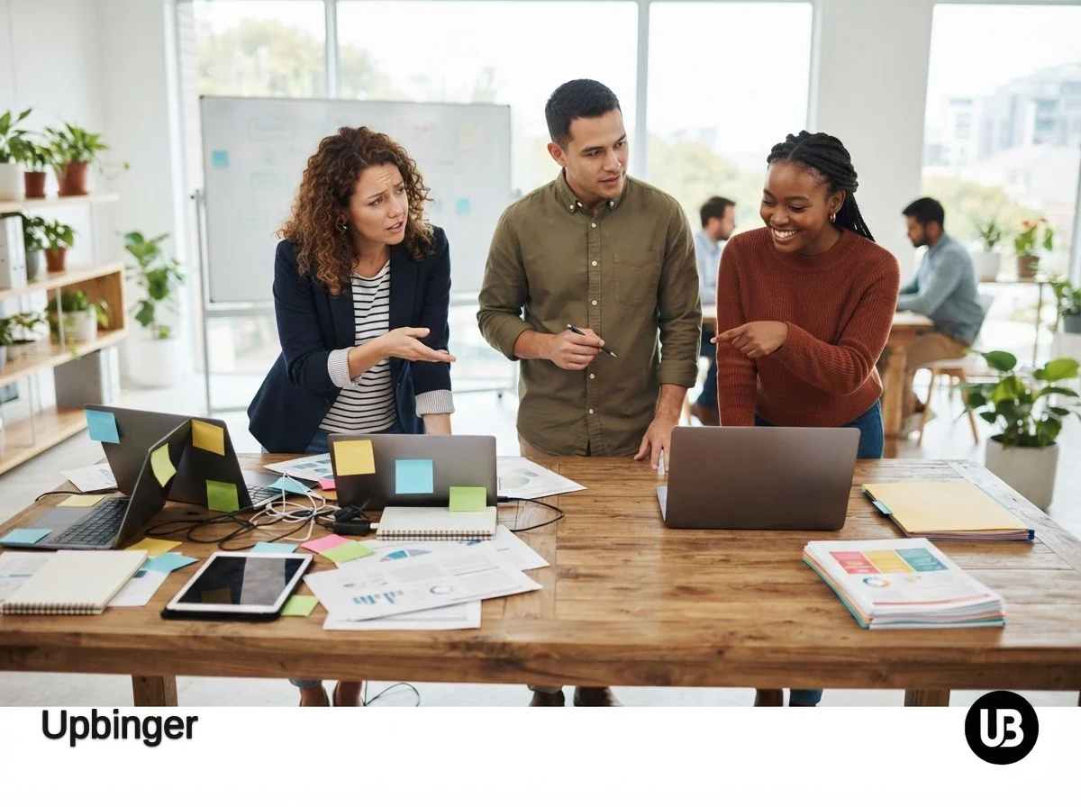SEO team collaborating in a bright modern meeting room, each person working on a different aspect of content strategy around a shared table.
