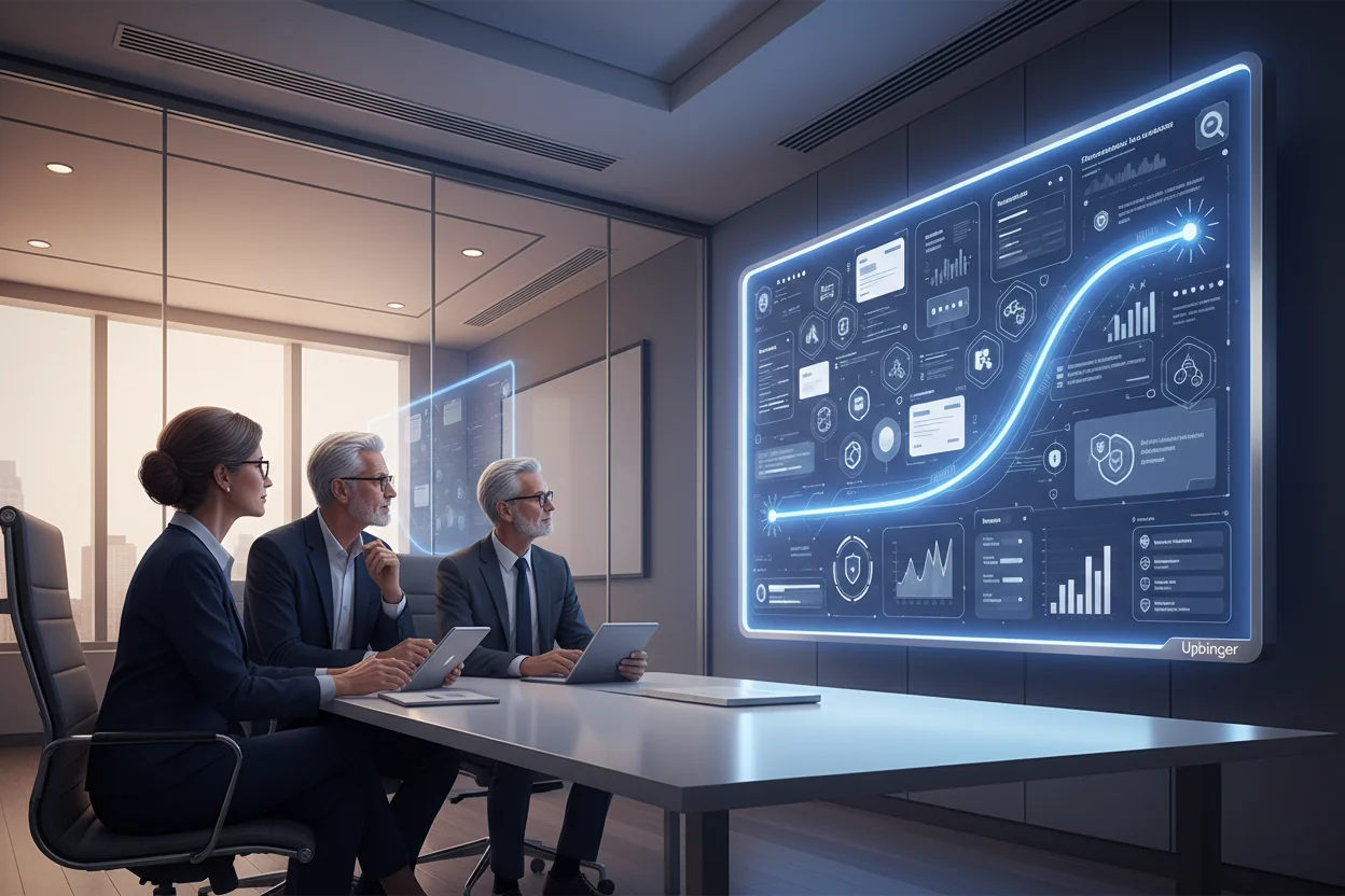 An enterprise team watches a sophisticated AI content platform demo that visually maps research, optimization, governance, and publishing readiness in a connected workflow.
