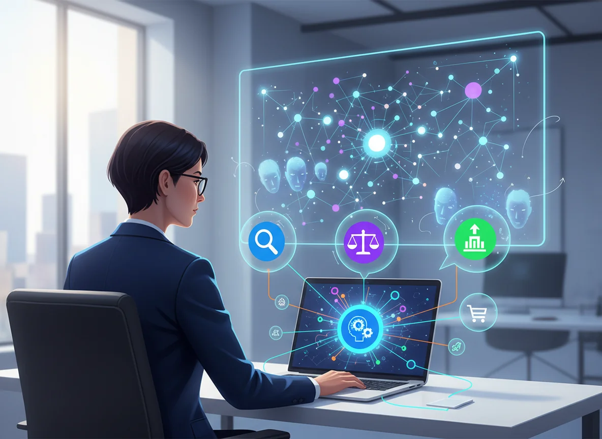 Illustration of a content strategist mapping entities and user intent on a laptop and digital board to improve answer engine optimization.