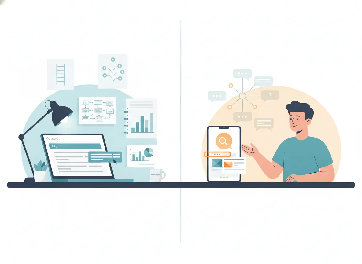 Editorial illustration of a marketer at a split workspace, comparing ranked search results on a laptop with an AI assistant’s conversational answer and citations on a tablet, symbolizing the difference between SEO and AEO in a PAA-driven environment.