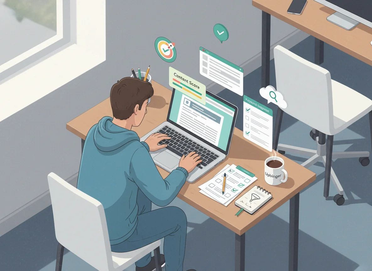 Solo website creator at a desk using multiple small SEO helper tools on a laptop screen, surrounded by simple checklists and plugin-like UI elements.