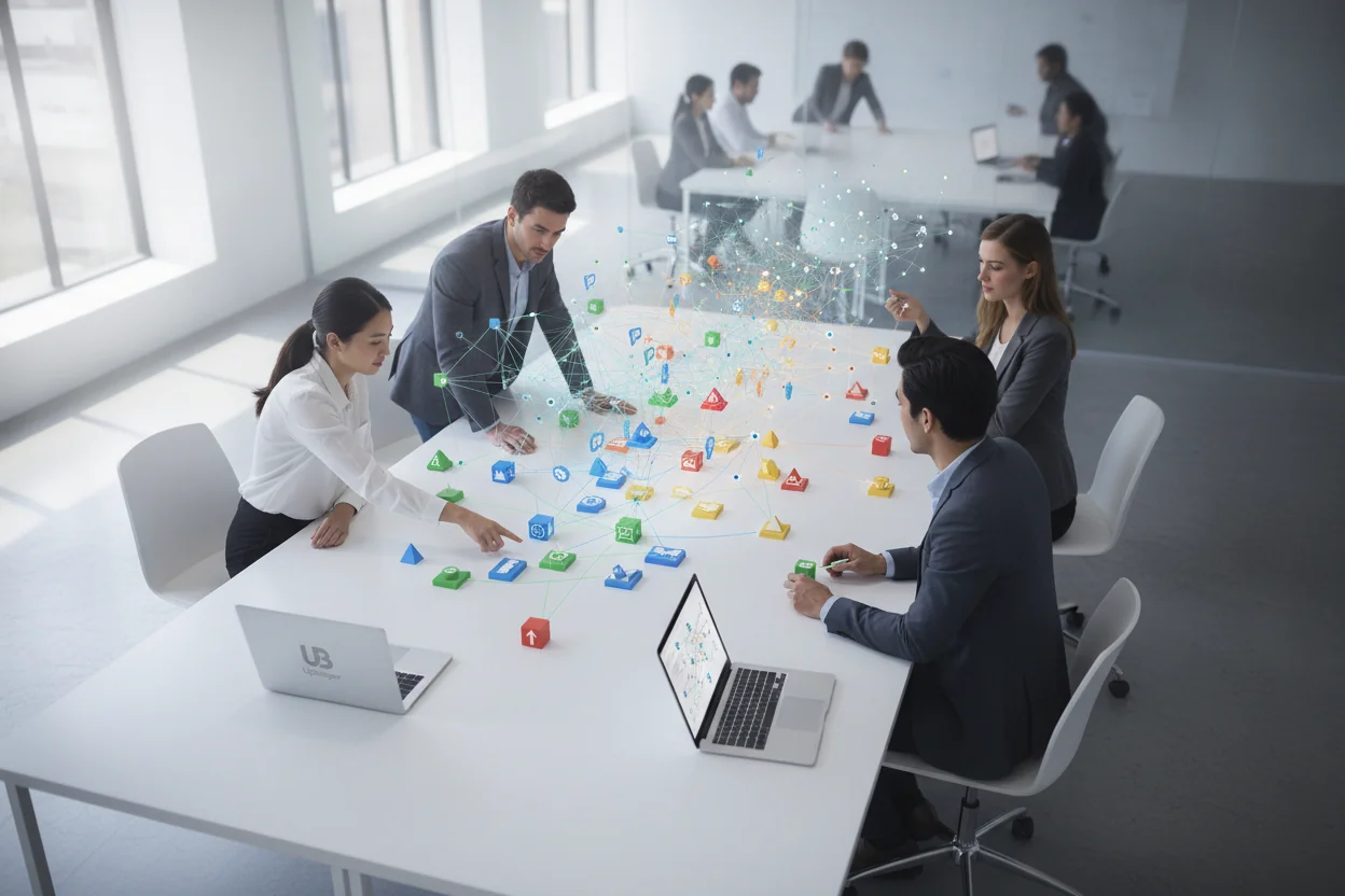 Team in a bright modern office collaboratively arranging abstract tokens connected by glowing lines on a large table, with a transparent network hovering above to symbolize enterprise-scale entity mapping and topic intelligence.