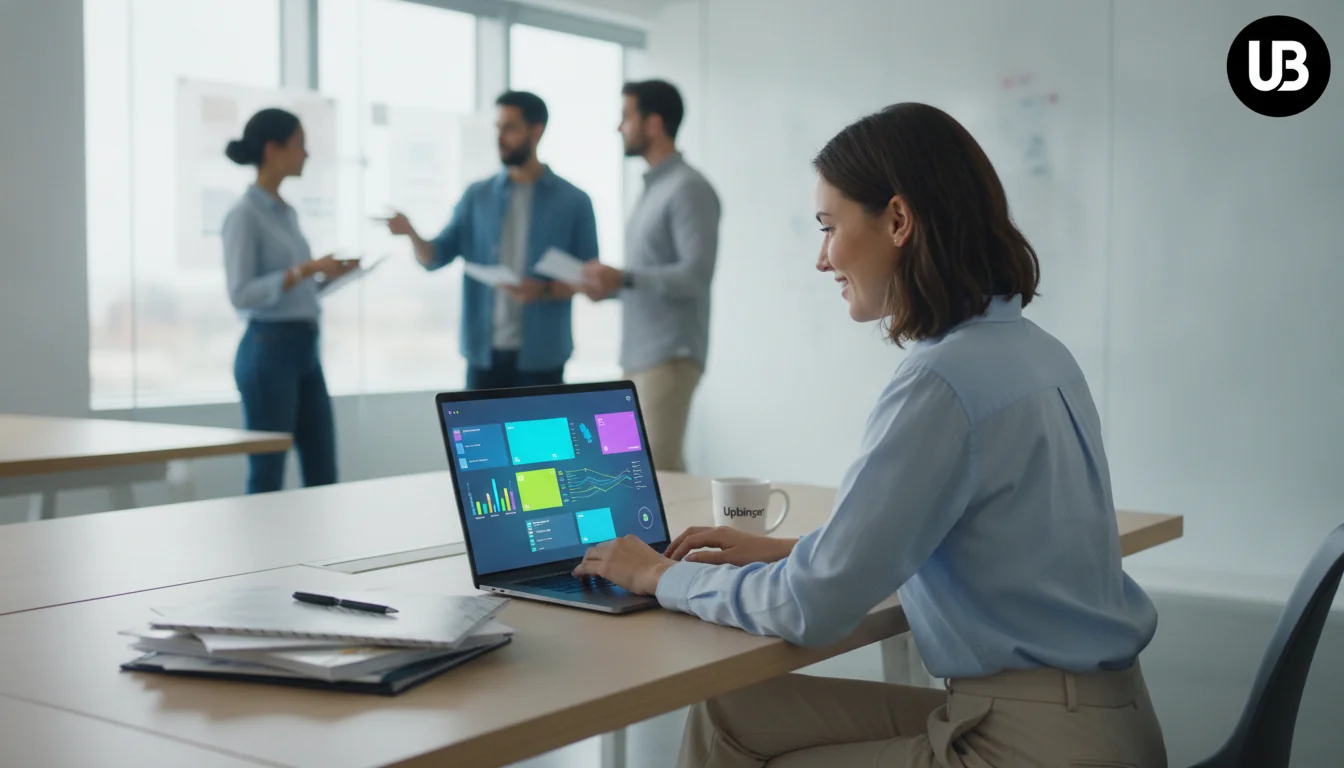 Marketing leader at a modern office desk using an AI-powered content platform on a laptop while a neglected stack of printed agency materials sits to the side, symbolizing the shift from agencies to AI tools.