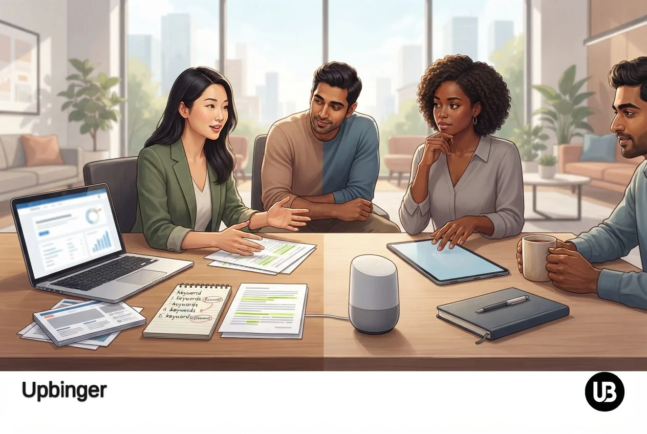 Marketing team at a bright modern desk where one side shows traditional search work with papers and a laptop, and the other side shows AI-driven tools like a tablet and smart speaker, symbolizing the shift from pure SEO to a balance of SEO and AEO in 2026.