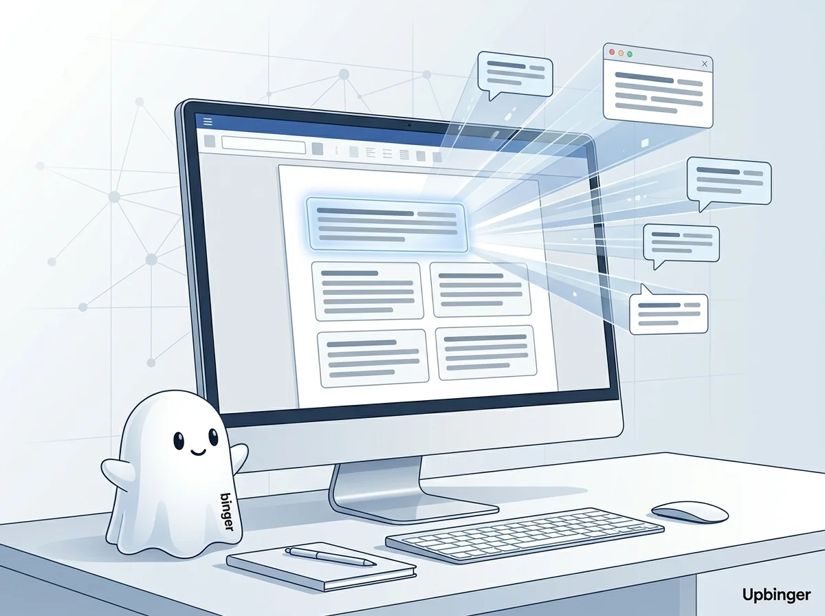 Editorial illustration of a computer screen showing neatly structured content blocks, with one highlighted block emitting data streams that turn into AI quote bubbles above the monitor.