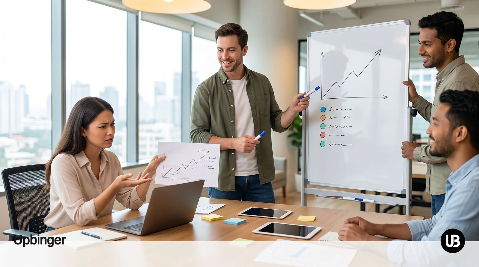 Marketing team in a bright modern office reviewing flat performance reports while a colleague reveals a whiteboard with a simple six-step plan and an upward trend line, symbolizing turning AI SEO tools into real traffic and revenue.