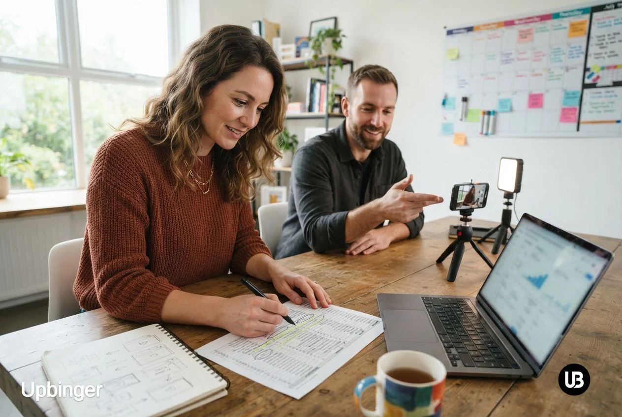 Two marketers in a bright office analyzing printed search data and sketching video concepts, with a smartphone on a small tripod suggesting user-generated video planning.