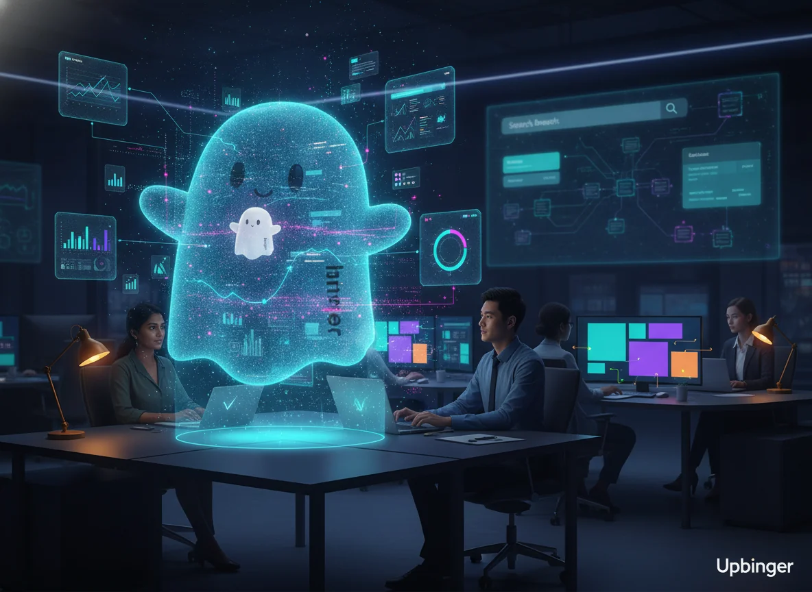 Conceptual illustration of an AI-driven SEO agent orchestrating content, keyword research, and analytics in a modern enterprise marketing office.