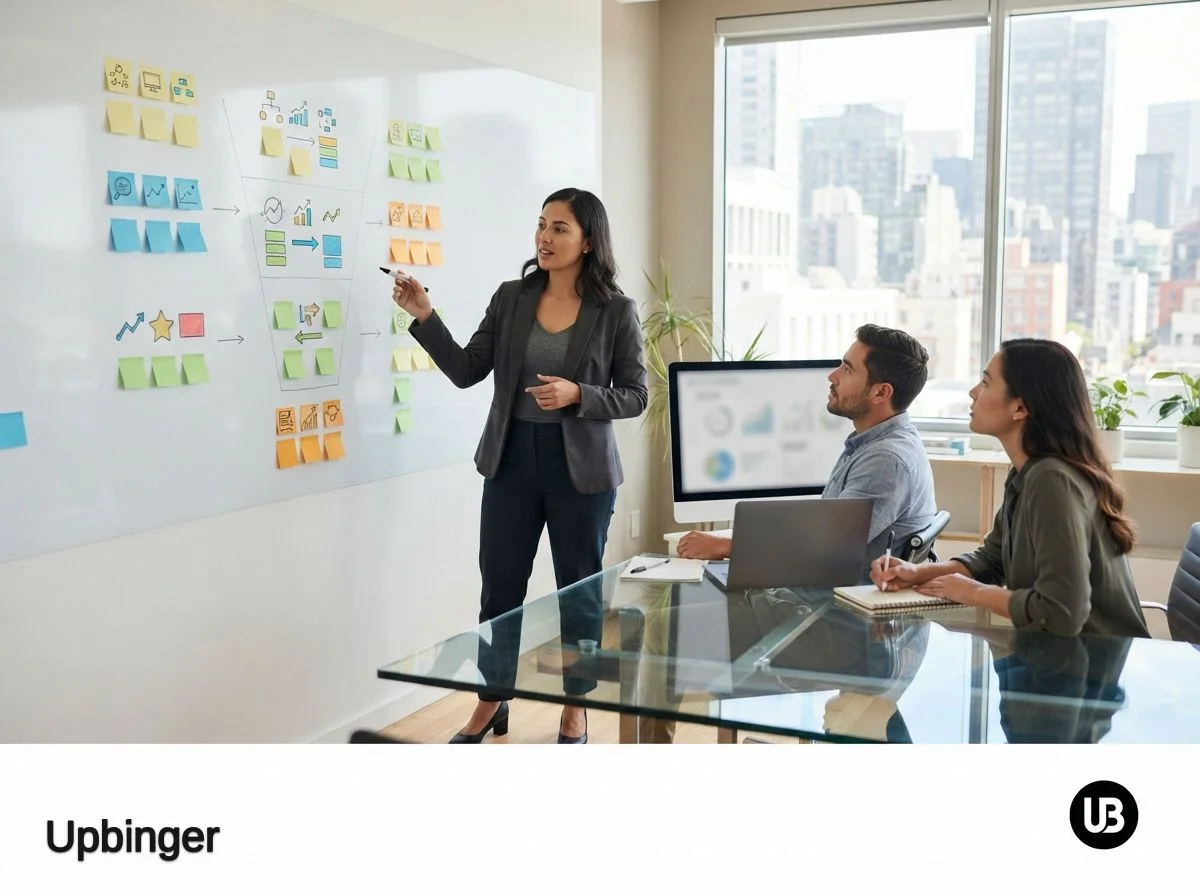 SEO and content team in a bright office discussing ten KPI categories represented by colored sticky notes on a whiteboard, symbolizing answer engine performance metrics.
