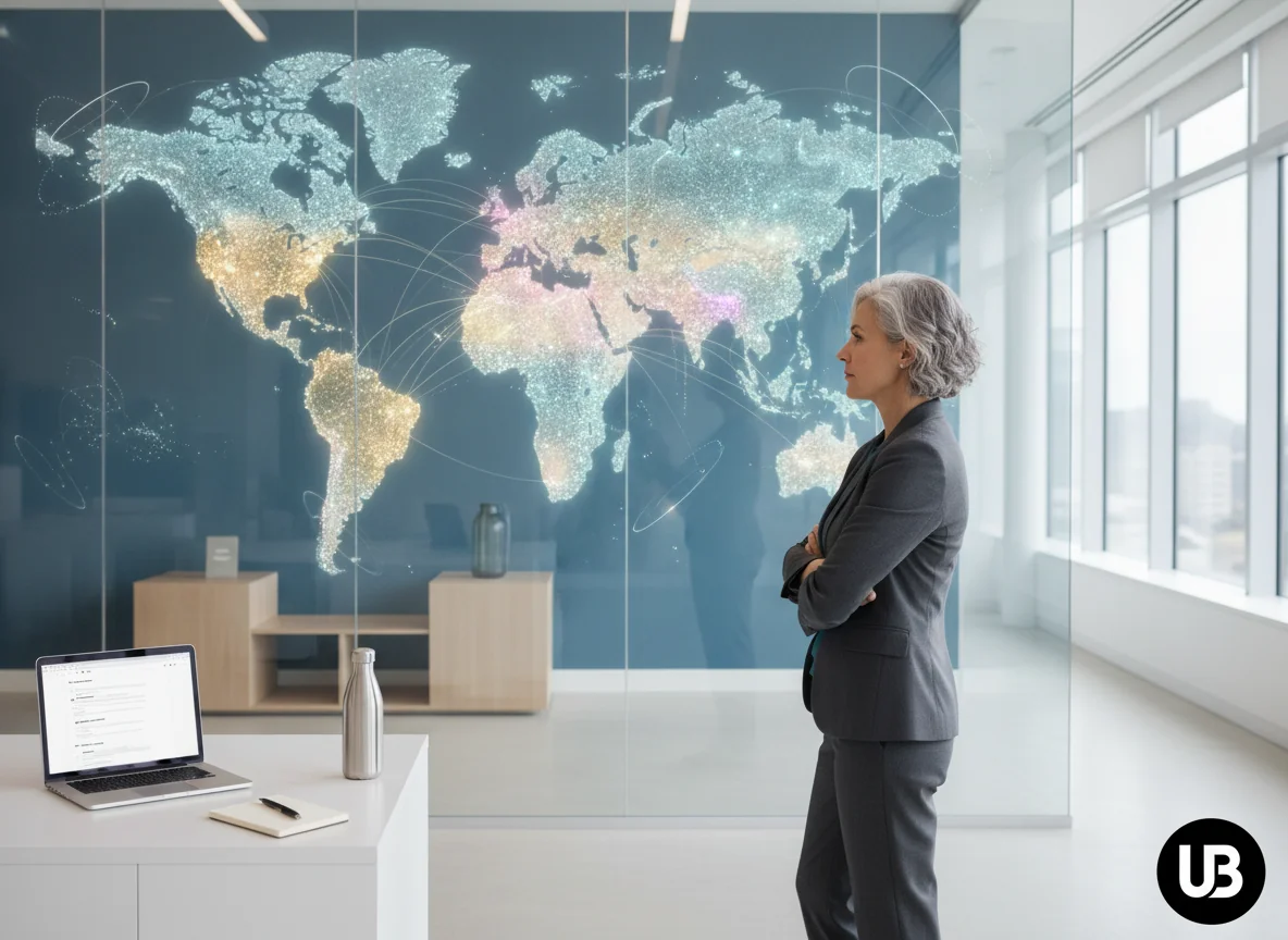 Enterprise marketing leader in a modern office studying a glowing, networked world map that symbolizes the new global, AI-driven search landscape.