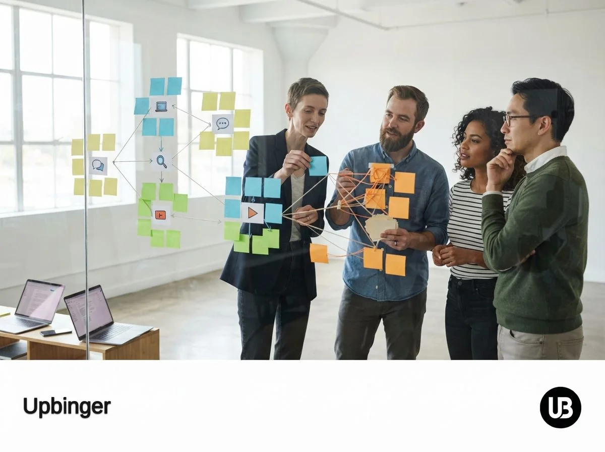 Enterprise marketing team in a bright meeting room discussing an AI-first SEO strategy in front of a glass wall covered with notes about user questions and answers.