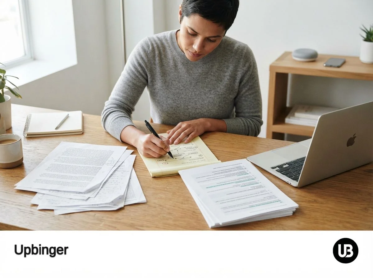 Content strategist at a bright desk transforming messy printed pages into clearly structured, answer-ready documents, with a laptop and AI-related devices in the background.