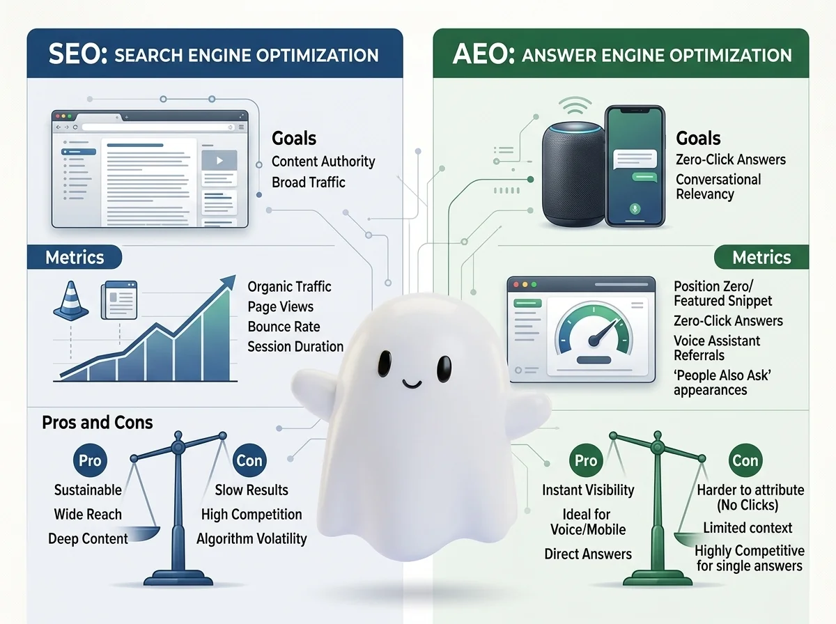 Visual for SEO vs AEO: Goals, Metrics, and Pros and Cons