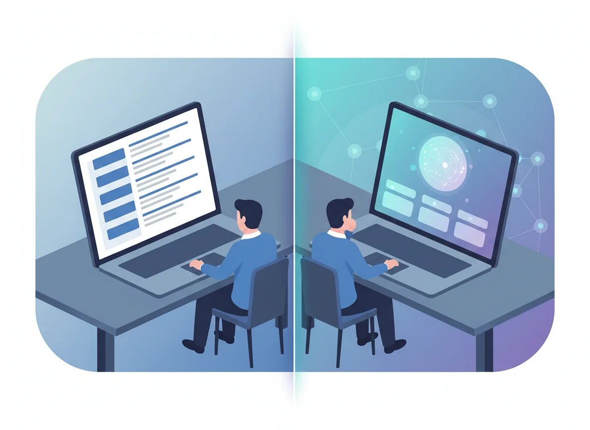 Illustrated comparison of a traditional search results page full of link snippets on one side and an AI-generated direct answer interface on the other, with a user at a desk between them to show how online discovery has shifted.