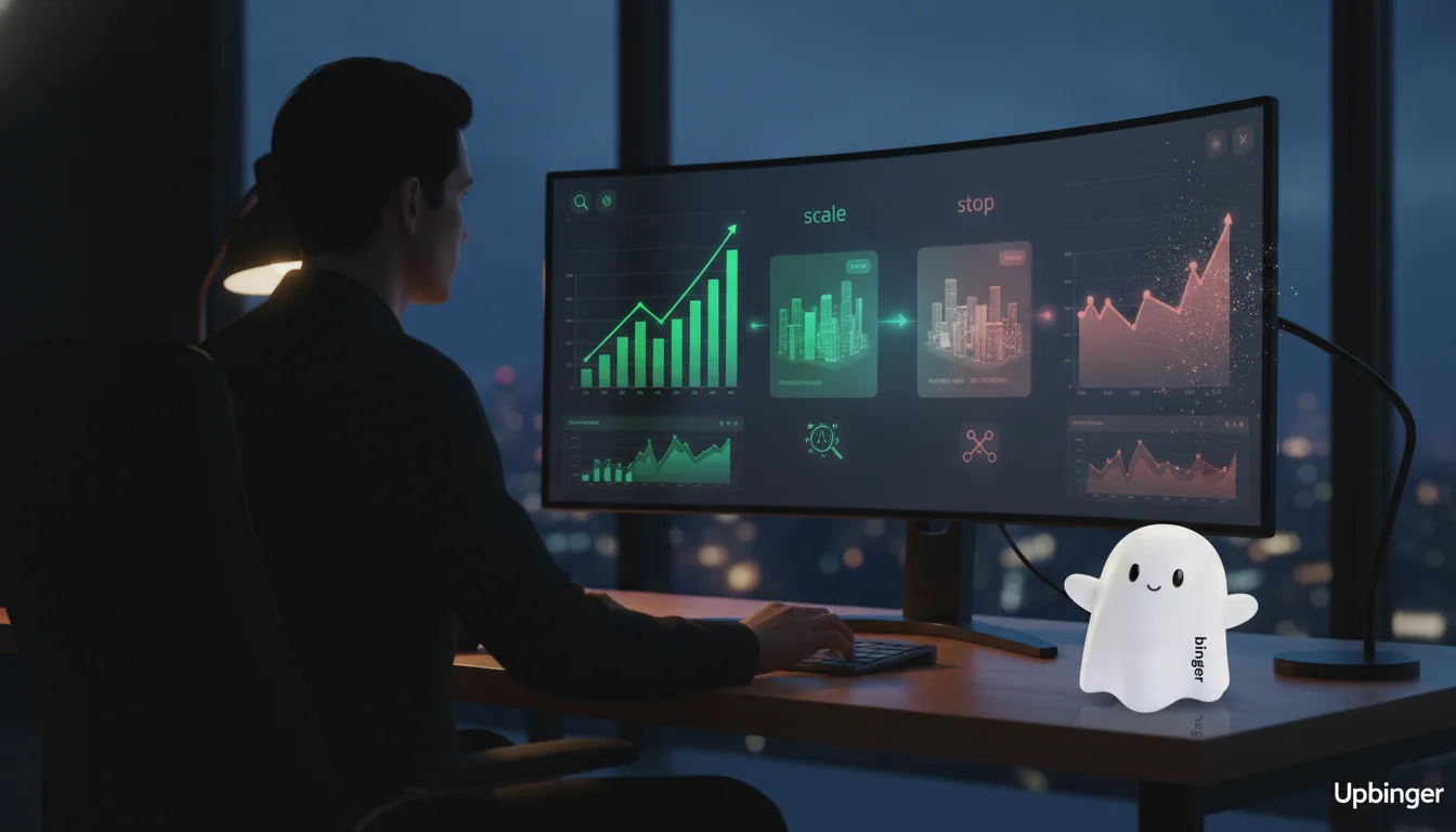 Editorial illustration of a marketer analyzing a search engine content analytics dashboard with growing and fading content segments, symbolizing decisions about what content to scale and what to stop.