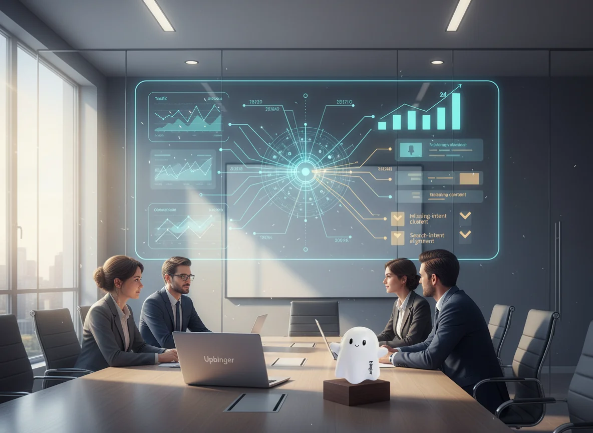 Editorial illustration of an enterprise team using a unified analytics platform to turn fragmented content metrics into clear growth opportunities, with rising performance signals and Upbinger branding on a device.