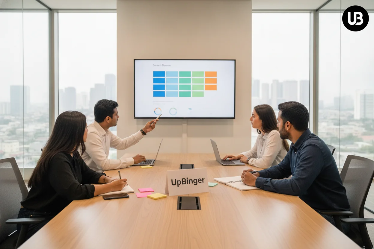 A diverse marketing and SEO team in a bright meeting room collaborating around a shared screen that displays an abstract content planning interface, symbolizing a unified AI content strategy workspace.