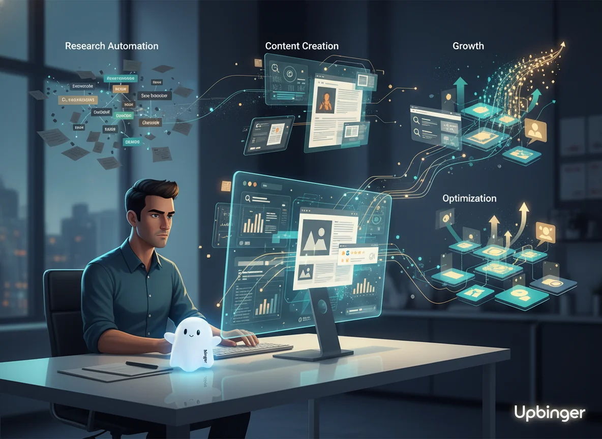 Editorial illustration of a marketer using AI-assisted SEO tools, with visual elements showing research, content creation, optimization, and rising organic traffic.
