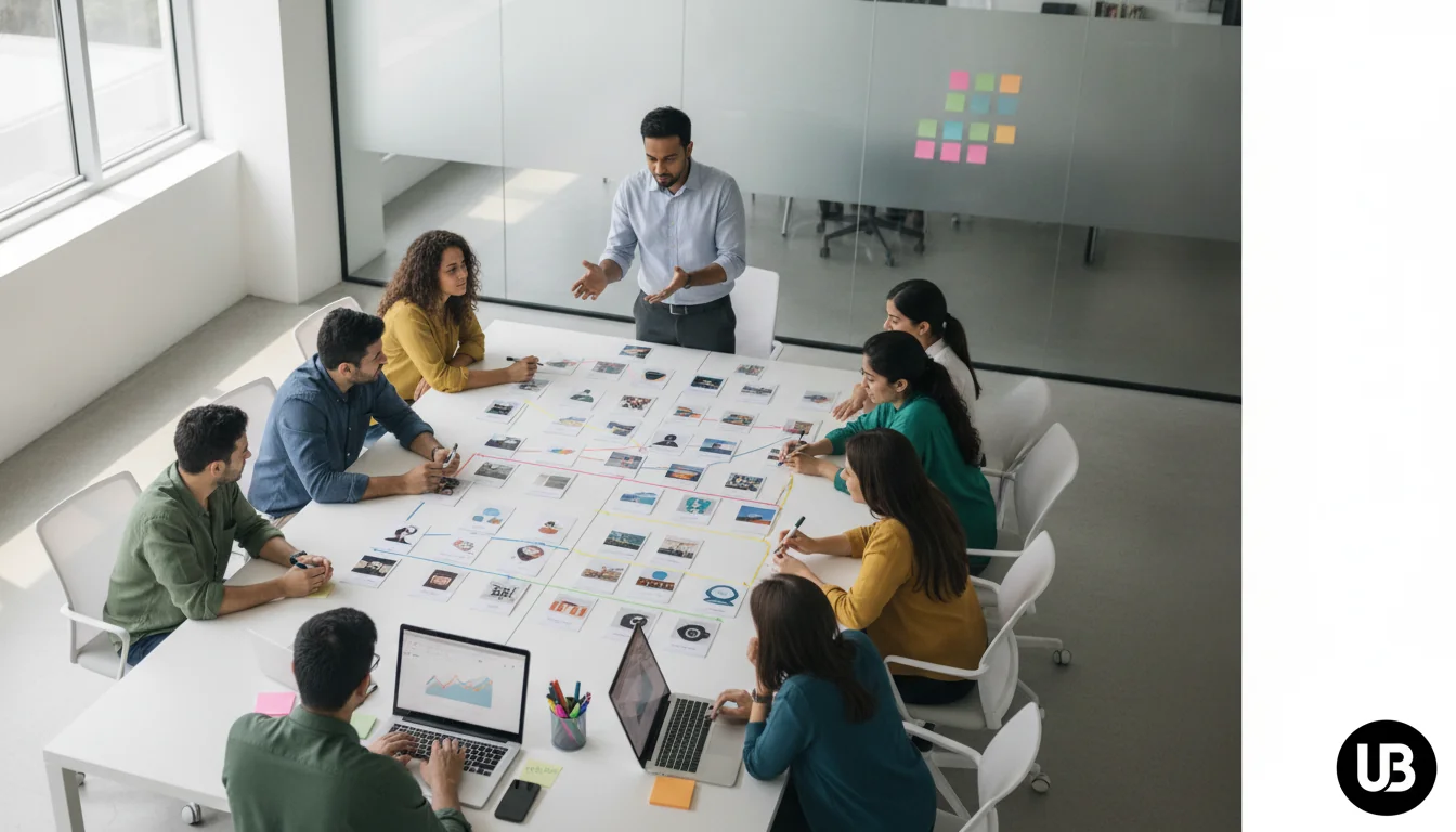 SEO and content team in a modern Indian office collaboratively organizing cards that represent entities into structured groups on a table, symbolizing entity-first content strategy.