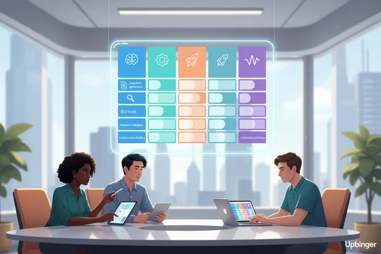 Content creators in a modern office analyzing a large digital comparison matrix of AI content marketing platforms, with features visually compared across columns and rows on a floating dashboard.