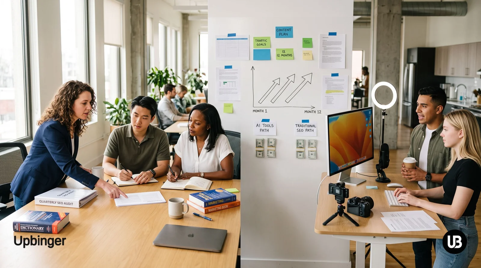 Marketing team in a modern conference room comparing traditional SEO reports and AI-driven content workflows across a 12‑month traffic projection chart.