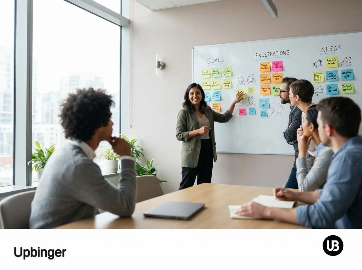 Marketing team in a bright office workshop, mapping detailed audience traits on a whiteboard covered with sticky notes and simple sketches.