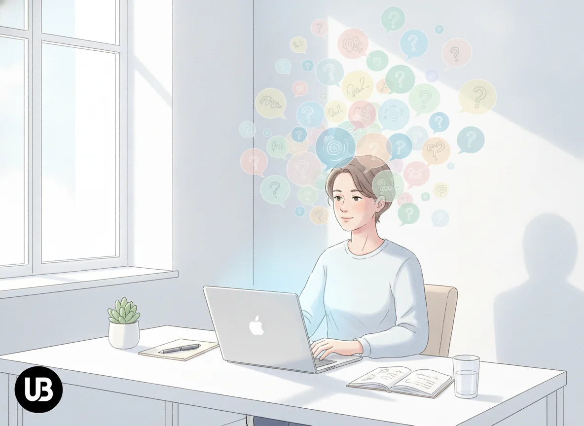 Person at a laptop in a bright workspace surrounded by floating, abstract question bubbles, symbolizing how people ask AI assistants natural-language questions.
