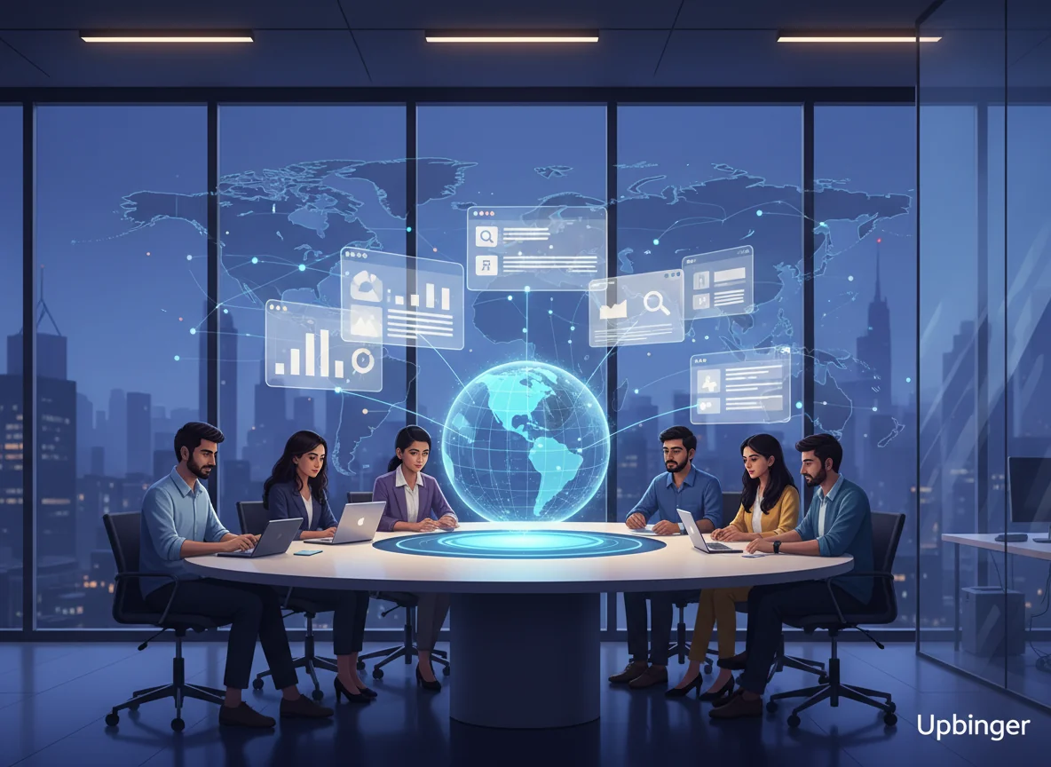 Indian digital professionals collaborating in a modern office, with a glowing globe and multiple search interfaces representing India’s talent, cost, and language advantages in a global AI search ecosystem.