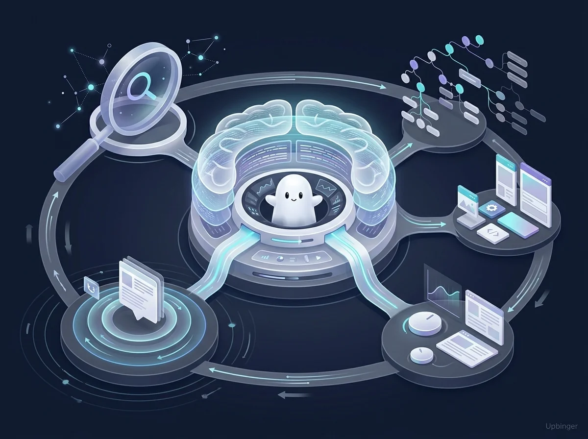 Editorial illustration of a futuristic AI system coordinating research, strategy, content creation, optimization, and distribution in a connected organic growth ecosystem.