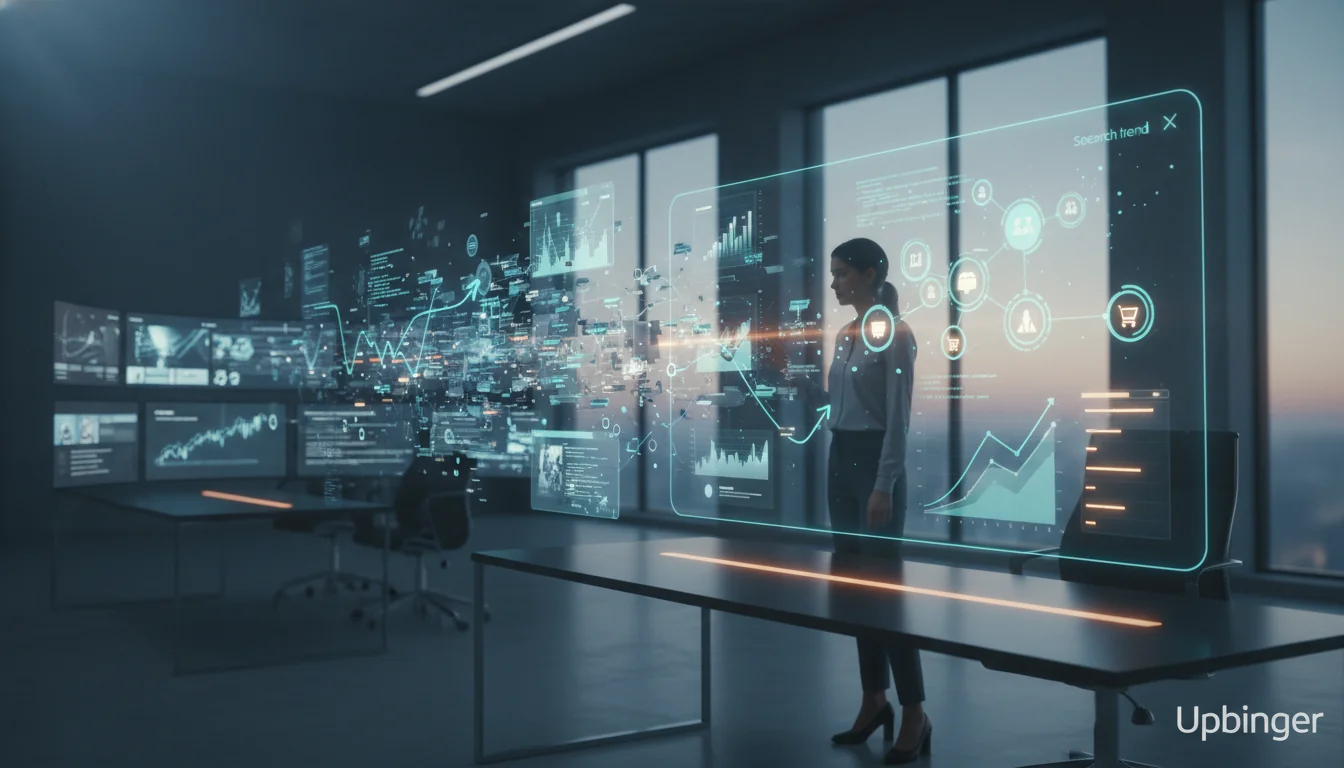 A strategist in a modern workspace studies a glowing digital analytics interface that transforms scattered content data into clear performance insights.