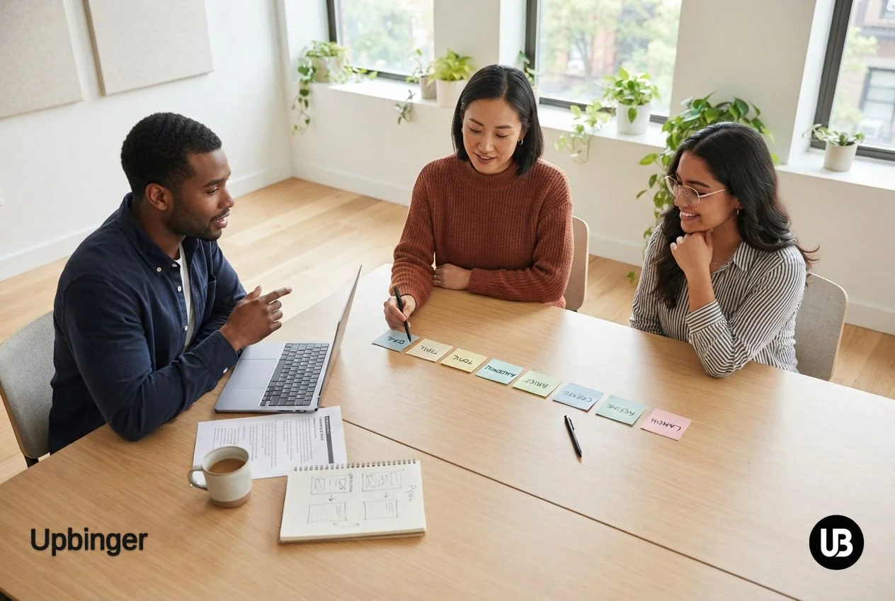 A small marketing team around a bright table, calmly mapping out a seven-step plan on sticky notes before using a laptop for AI-powered SEO work.