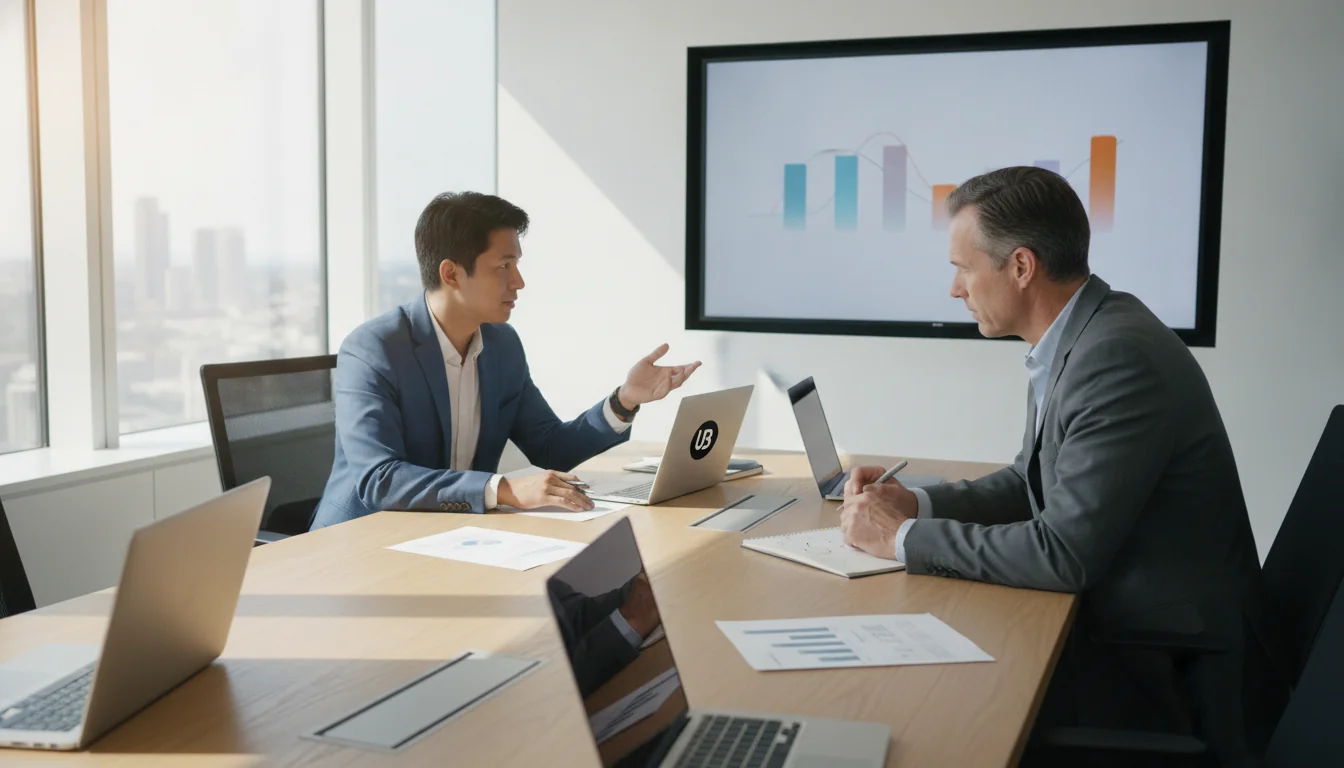 Marketing leader presenting an AI-driven SEO content strategy to a CFO in a bright modern conference room, with laptops and blurred charts suggesting a financial discussion about ROI.
