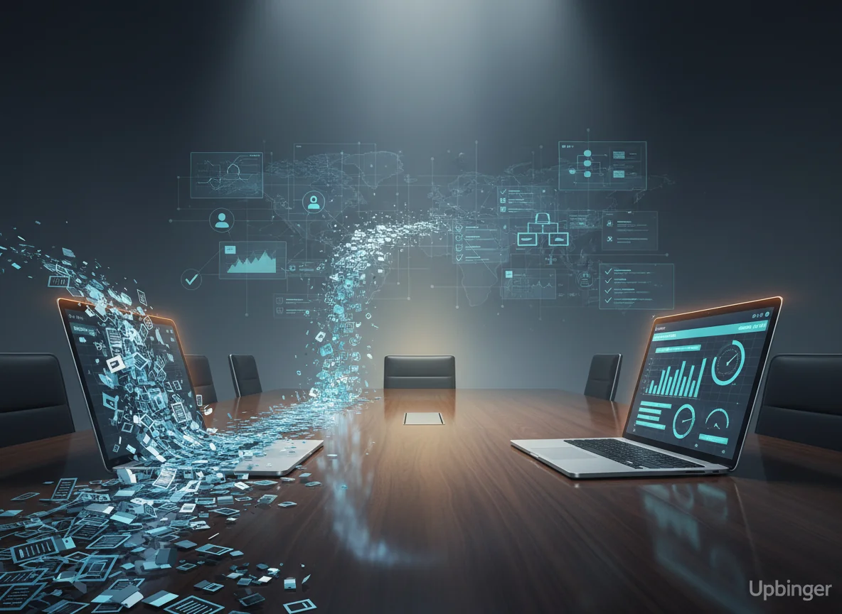 Editorial illustration of two incomplete AI content approaches in a boardroom, one producing chaotic volumes of content and the other trapped in narrow optimization metrics, both falling short of a larger enterprise strategy.