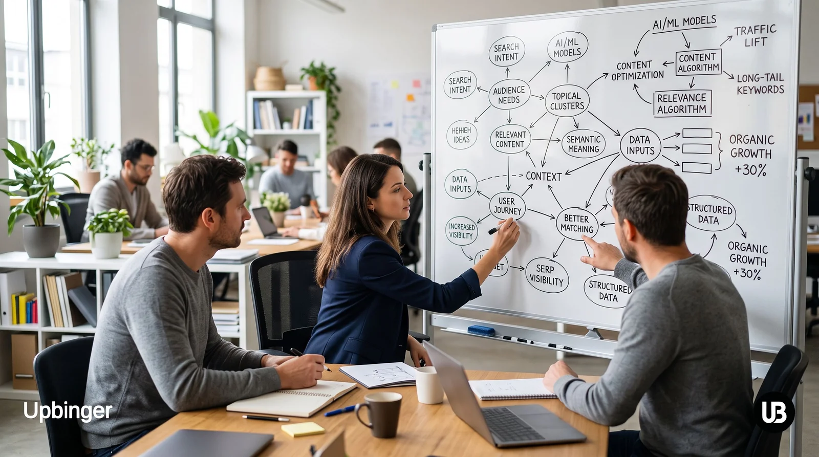 Marketing team collaborating in a bright modern office, reviewing content drafts and semantic topic notes that represent AI-powered improvements to search relevance and organic traffic growth.