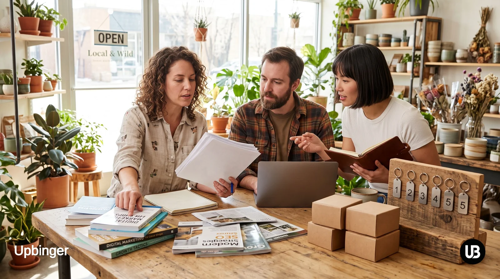 Small business team in a bright office comparing multiple laptops and tablets with blurred analytic dashboards, surrounded by receipts, a coin jar, and notes, symbolizing the benefits, pricing, and hidden costs of AI SEO tools.