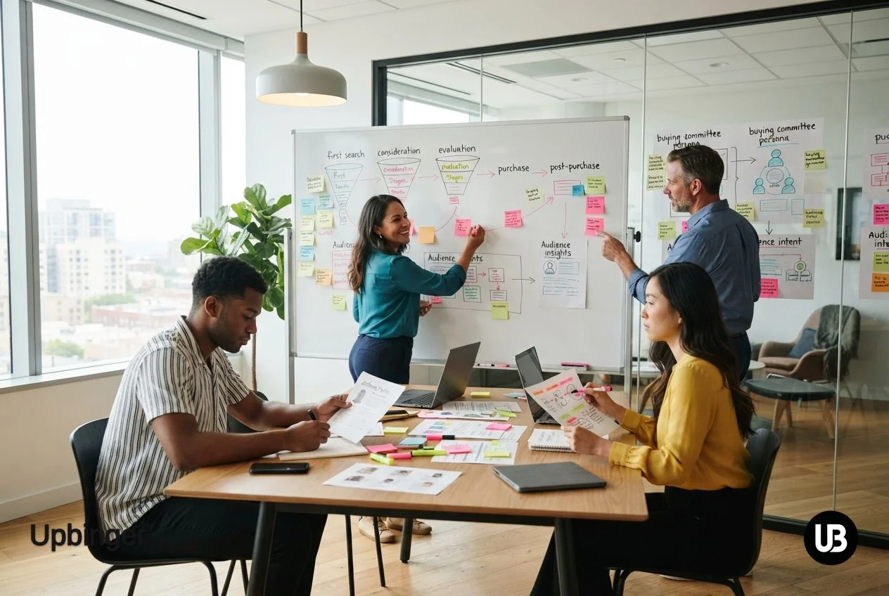 Marketing team in a bright conference room mapping customer journeys on a whiteboard before using any software, emphasizing strategic planning and process design.