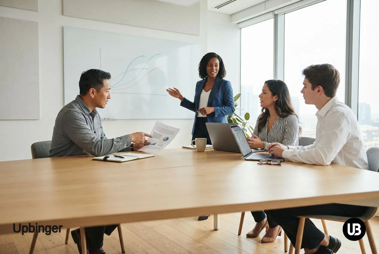 Marketing and SEO team in a modern conference room reviewing three projected traffic curves on a whiteboard as they plan 12‑month ROI.