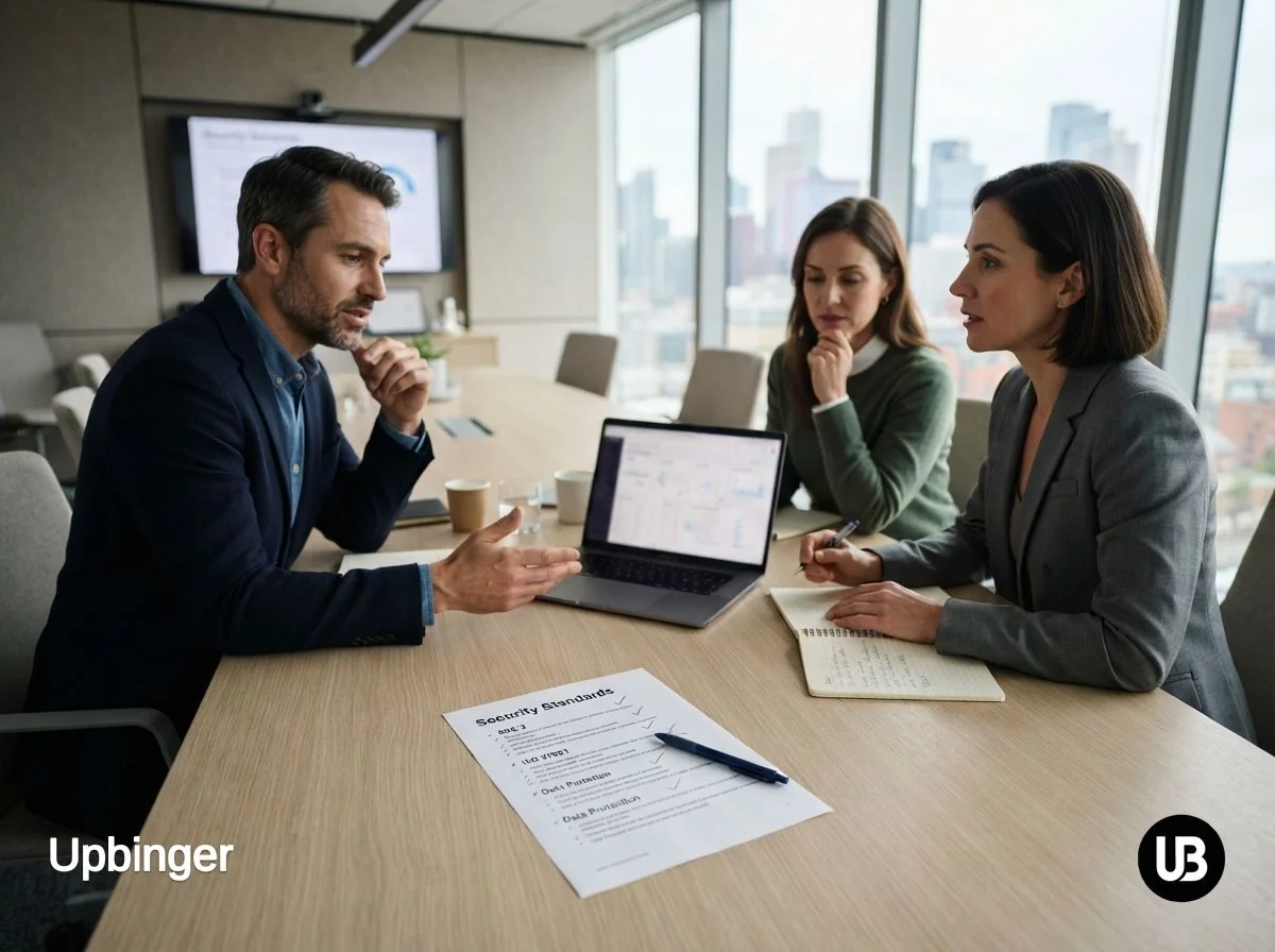 Security and marketing leaders reviewing a printed security standards checklist for an AI SEO platform in a bright modern meeting room.