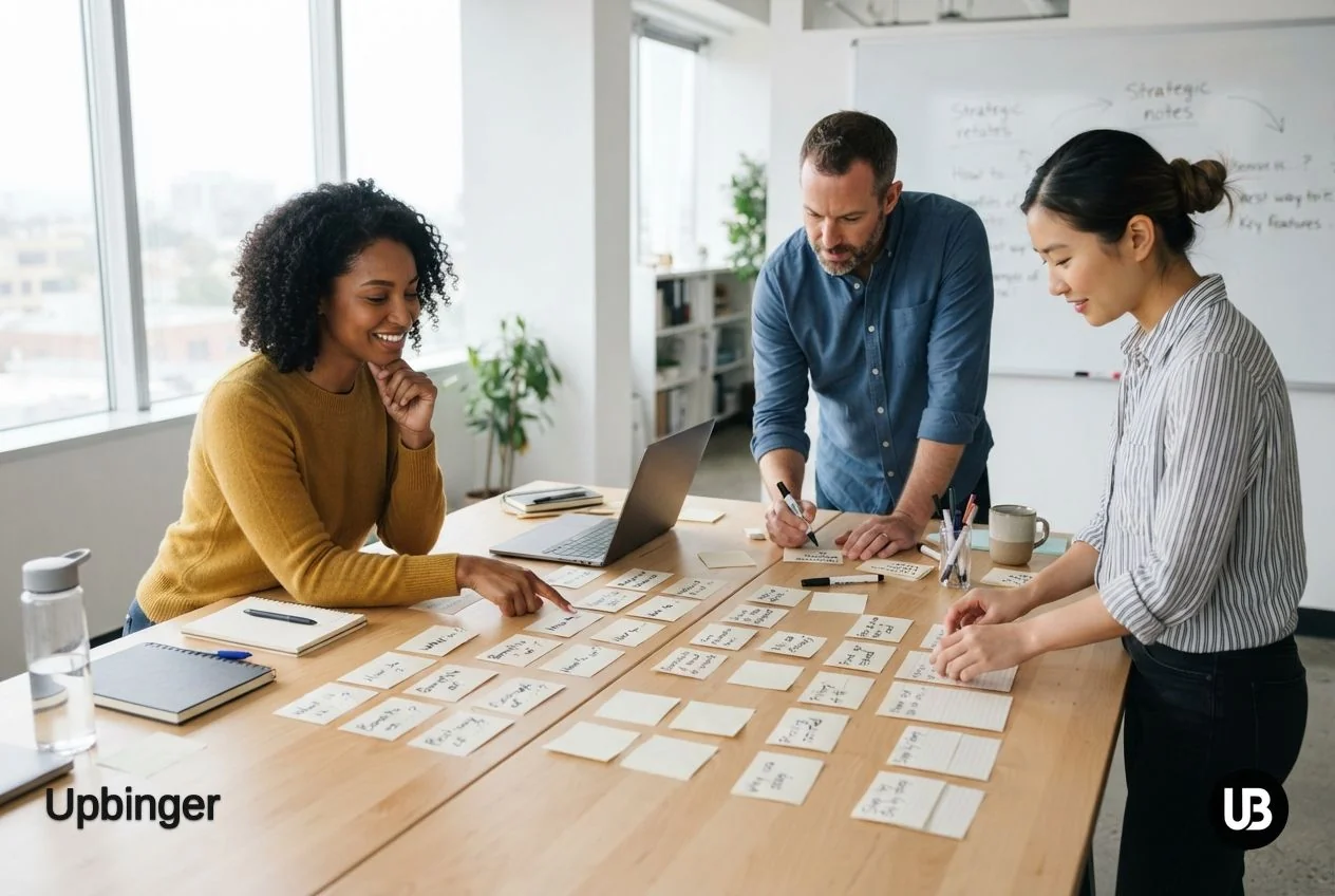 Marketing team clustering short question cards on a table, symbolizing structuring web content into concise answers for AI assistants.
