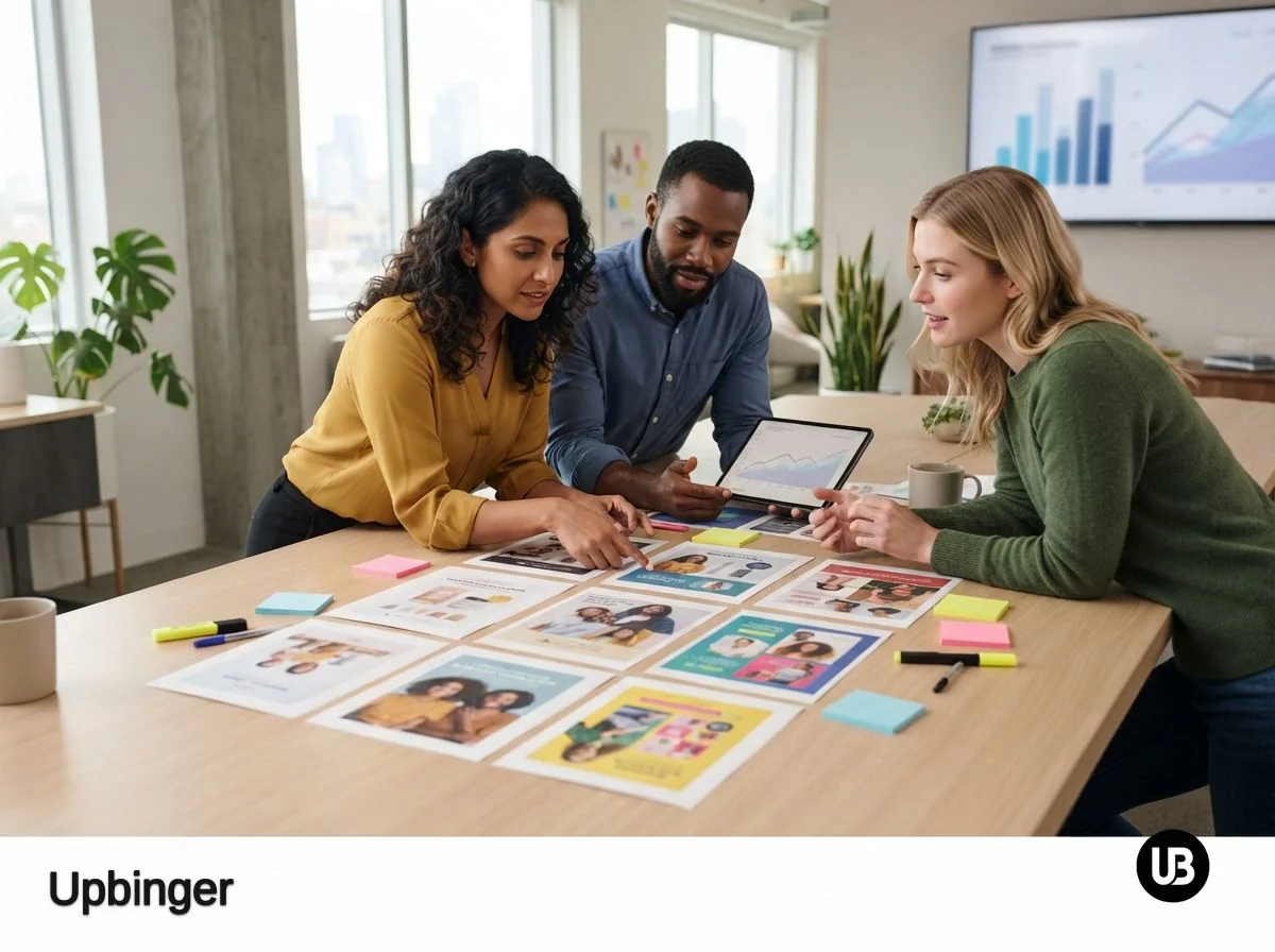 Marketing team reviewing multiple printed ad concepts on a table while consulting a tablet, representing data-informed prediction of ad performance before launch.
