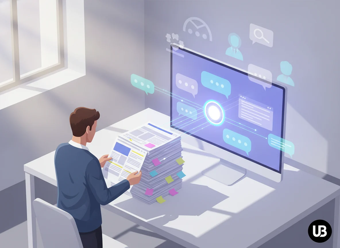 Conceptual editorial illustration of a content strategist at a desk, with stacks of web pages feeding into an abstract AI node that outputs organized answer-style bubbles on a computer screen.