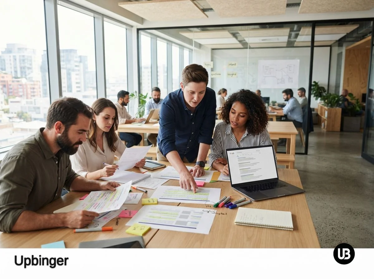 Marketing and SEO team reviewing printed web pages and search results together in a bright office, suggesting AI-assisted content optimization for search engines.