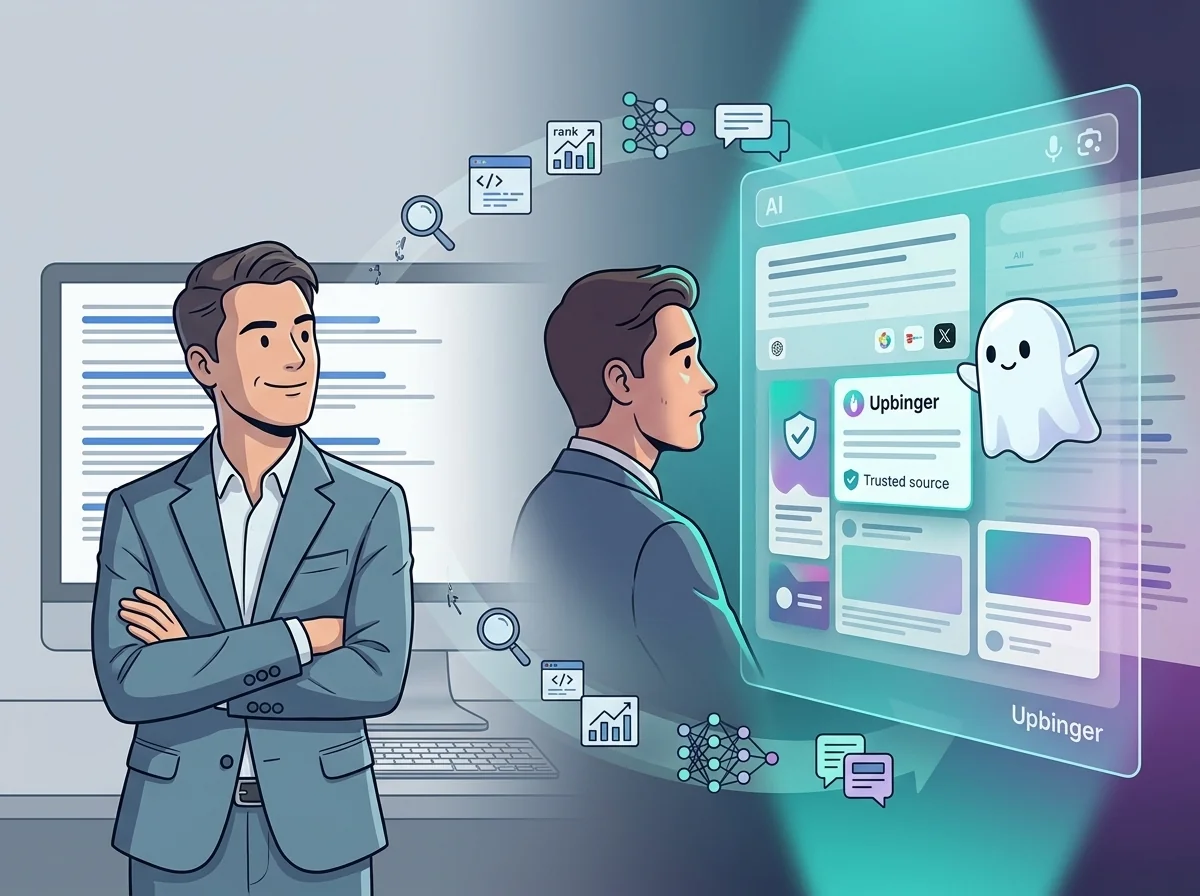 Conceptual illustration contrasting traditional search results on one side with a dominant AI assistant answer interface on the other, showing a marketer realizing that visibility now depends on inclusion in AI-generated answers.