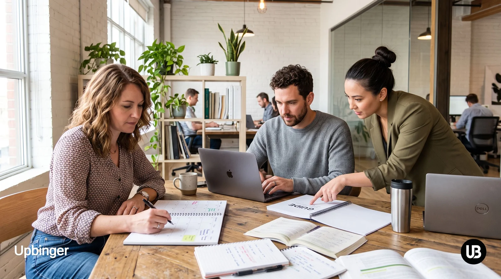 A small, diverse marketing team in a bright office collaborating around a wall calendar and laptops, planning a 30‑day AI-assisted SEO content schedule.