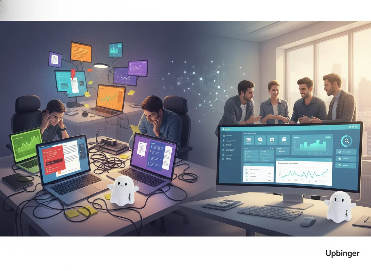 Editorial illustration of a team moving from many fragmented content tools on multiple screens to a single integrated enterprise AI content platform on one large display.