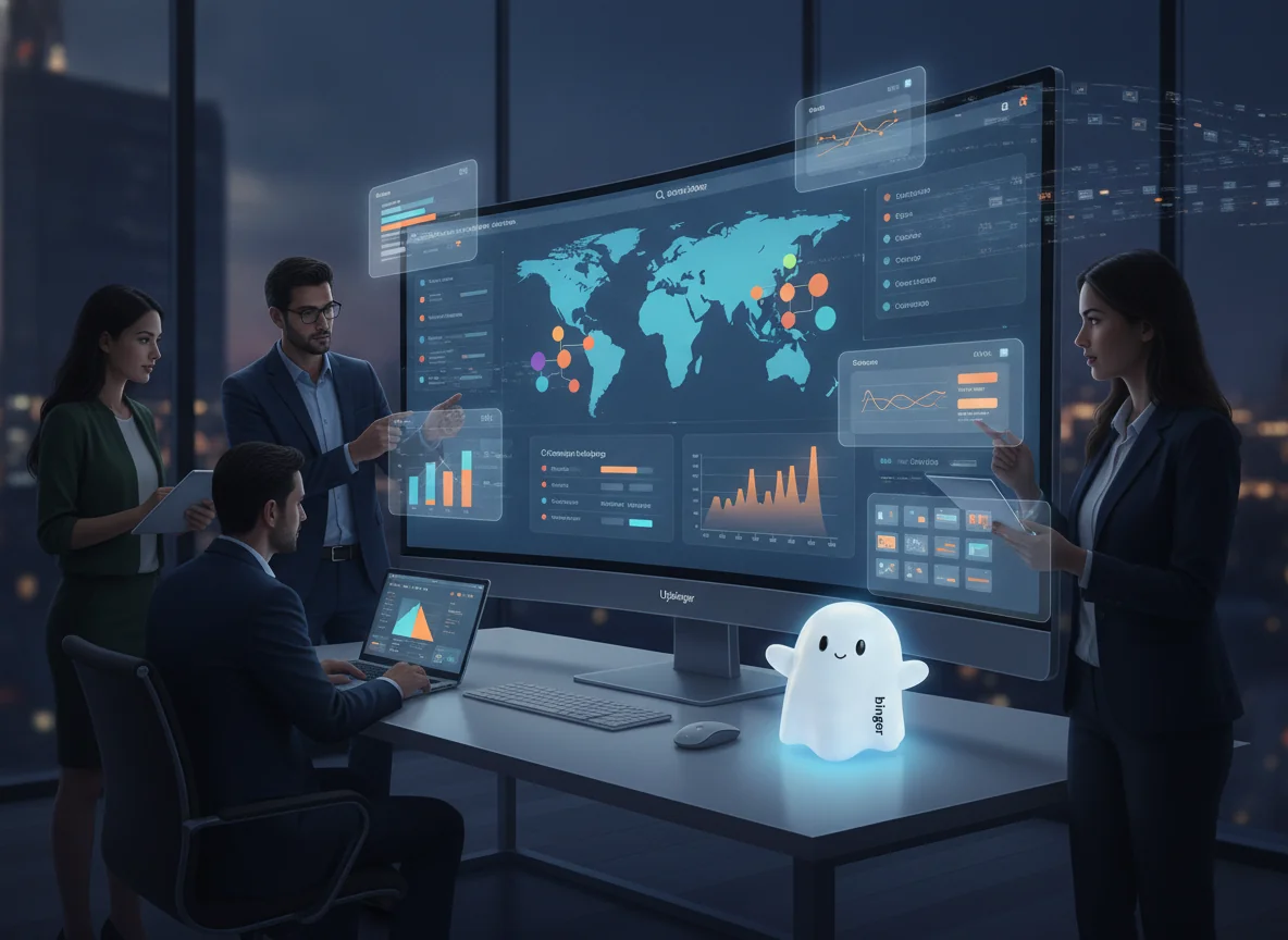 Enterprise marketing team in a modern office collaborating around a large AI-driven SEO command center, with abstract dashboards showing search, content, and competitor insights.