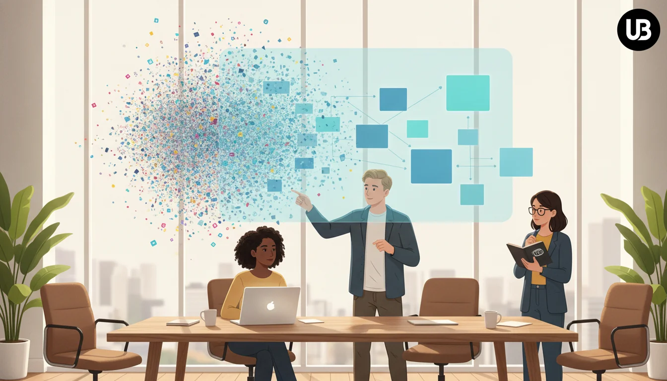 Marketing team collaborating in a bright office as floating digital tiles transform from chaotic fragments into organized clusters above their table, symbolizing an AI‑driven workflow for keyword research and content clustering.